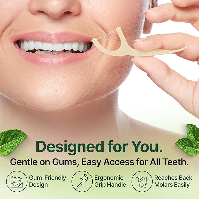 Biodegradable Floss Picks (200-Pack) - Eco-Friendly Plant-Based Dental Flossers for Tight Teeth - Plastic-Free, Mint Flavored, Ergonomic Design for Sensitive Gums
