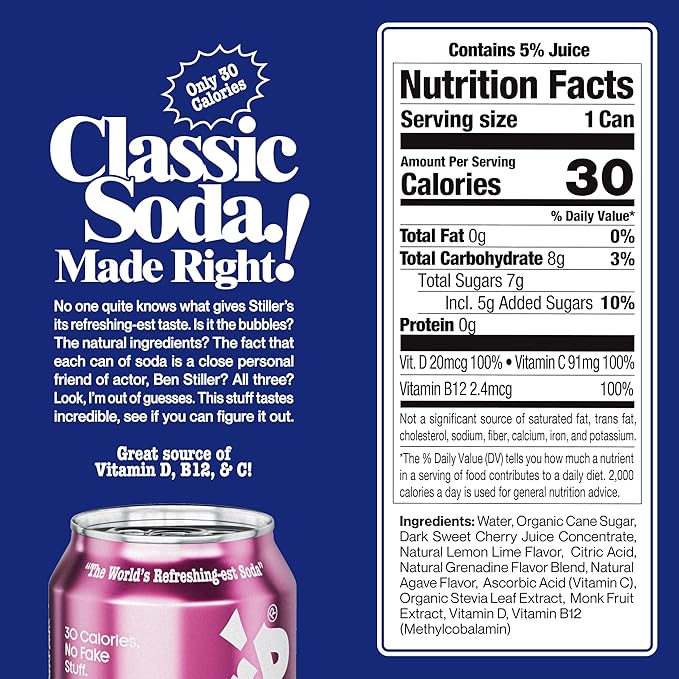 Stiller’s Shirley Temple Soda – 12 Pack Cans – Sparkling Cherry Lemon Lime Mocktail Drink – Low Sugar, Caffeine-Free, Natural Soda Pop with Real Cane Sugar, Stevia & Vitamins – Alternative to Diet Soda
