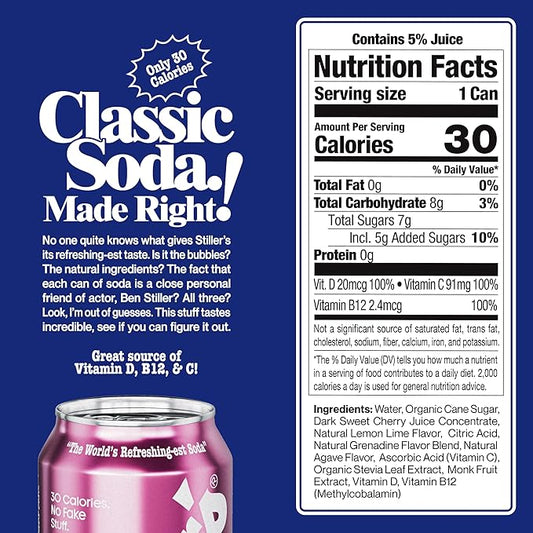 Stiller’s Shirley Temple Soda – 12 Pack Cans – Sparkling Cherry Lemon Lime Mocktail Drink – Low Sugar, Caffeine-Free, Natural Soda Pop with Real Cane Sugar, Stevia & Vitamins – Alternative to Diet Soda