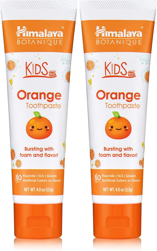 Himalaya Botanique Kids Toothpaste, Herbal, Orange Flavor, Fights Plaque, Fluoride Free, Gentle, No Artificial Flavors or Colors, SLS Free, Gluten Free, Cruelty Free, Vegan, Foaming, 4 Oz, 2 Pack…