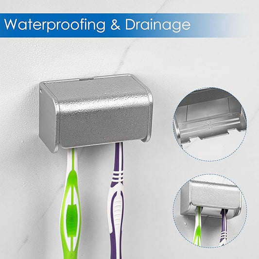 2 PCS Toothbrush Holder Wall Mounted with Cover for Bathroom, 2 Slots Toothbrush Storage Organizer for Shower, Self Adhesive Toothbrush Hanger Rack for Dorm, Cabinet (Brushed Silver)