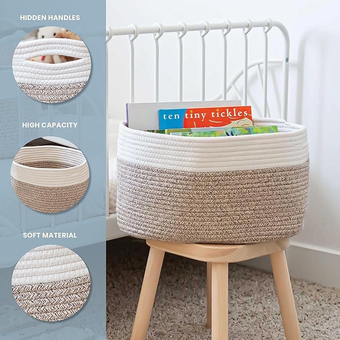 OrganiHaus Set of 3 Woven Storage Baskets for Shelves, Decorative Organizer Bins for Closet & Bathroom, Multipurpose Home Organization Baskets, Toy Storage Basket - Brown/Off-White, 15x9x10 inches