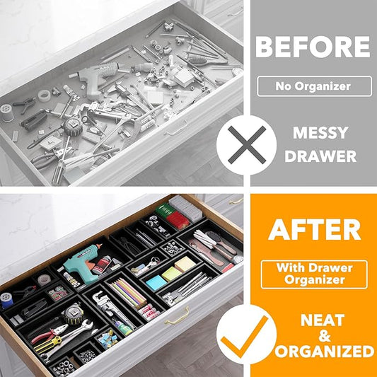 SpaceAid 21-Piece Bamboo Drawer Organizer Storage Boxes Set, Wood Tray Junk Drawer Organizers Multi-Use Divider Bins for Kitchen, Bathroom, Office Desk and Makeup Organization (21 Pack, Black)