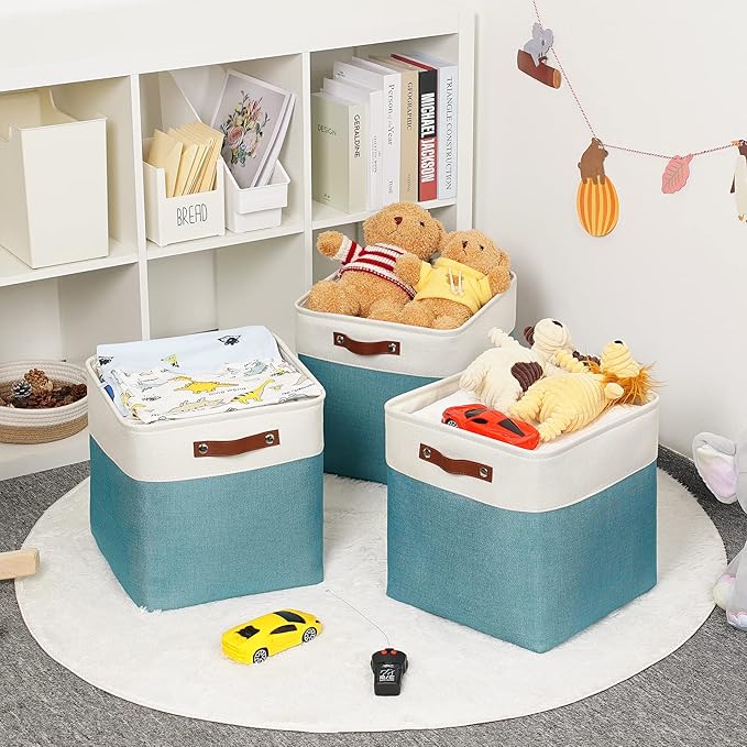 HNZIGE Foldable Storage Cubes & Baskets (3 Pack) - 13 Inch Storage Bin with Leather Handles for Toys, Clothes, Kids, Closet (White & Teal)