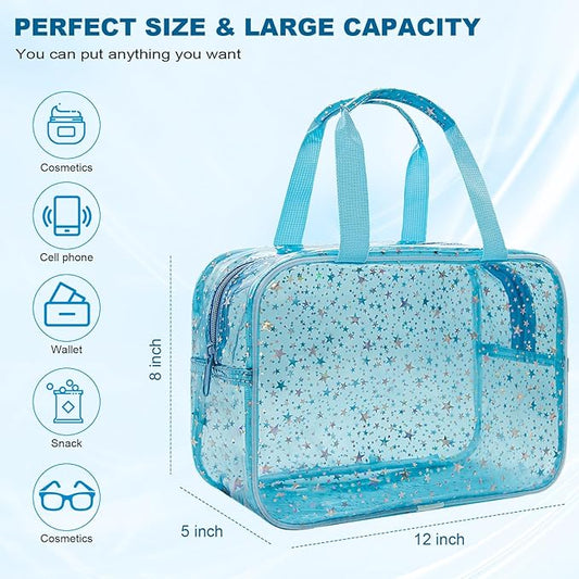 Clear Blue Star Large Makeup Bag with Star Pattern 12x5x8 inch, Travel Cosmetic Bag with Handle, Durable PVC Material Washbag Zipper Opening Design for Makeup Travel Organizer or Gym Use