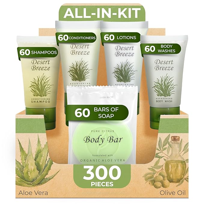 Desert Breeze Hotel Soaps & Toiletries Bulk Set | 1-Shoppe Amenities Kit | 1oz Shampoo & Conditioner, Body Wash, Lotion, Bar Soap | Travel Size | 300 Pieces