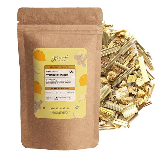 Heavenly Tea Leaves Organic Lemon Ginger, Loose Leaf Herbal Tea, 4 oz. (Approx. 50 Cups of Tea) - Naturally Caffeine Free, Perfect Hot or Iced!