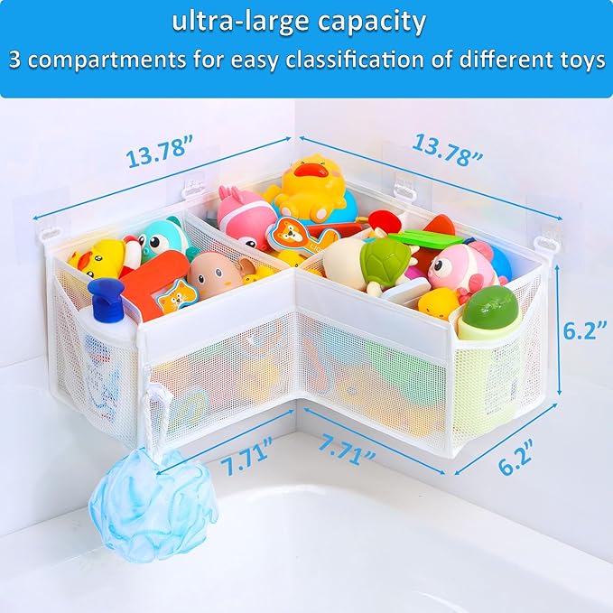 KPH Corner Bath Toy Organizer - Space-Saving 3-Compartment Bath Toy Storage, Mesh Bathroom Toy Holder for Kids, Durable Bathtub Organizer with Drain Holes