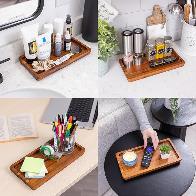 Bathroom Vanity Tray 11.8 x 5.9 inches of Natural Acacia Wood - Elegant Organizer for Cosmetics, Jewelry, Perfume, Candle, Key - Premium Wood Tray for Bathroom, Kitchen, Countertop, Toilet Tank, Sink