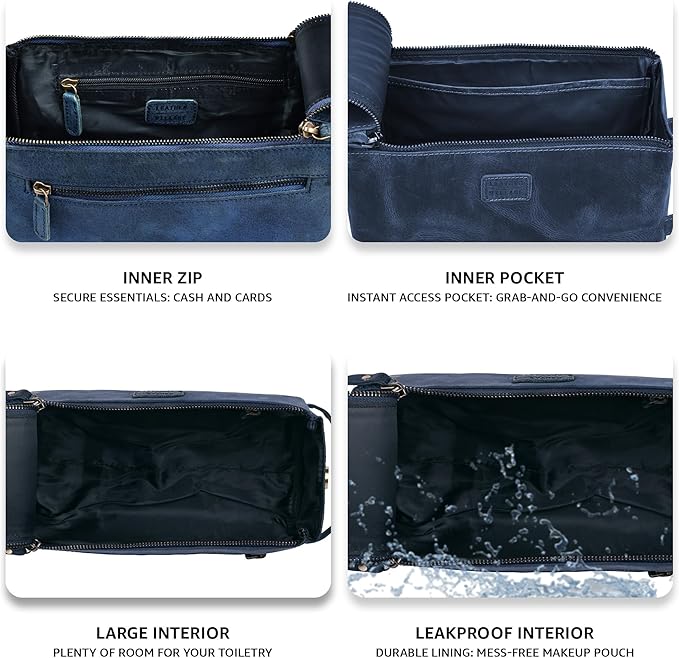 LEATHER VILLAGE Premium Leather Travel Toiletry Bag - Unisex Water-Resistant Travel Bag for Toiletries, Shaving & Cosmetic Organizer for Men & Women - Compact Bathroom Essentials - Royal Blue