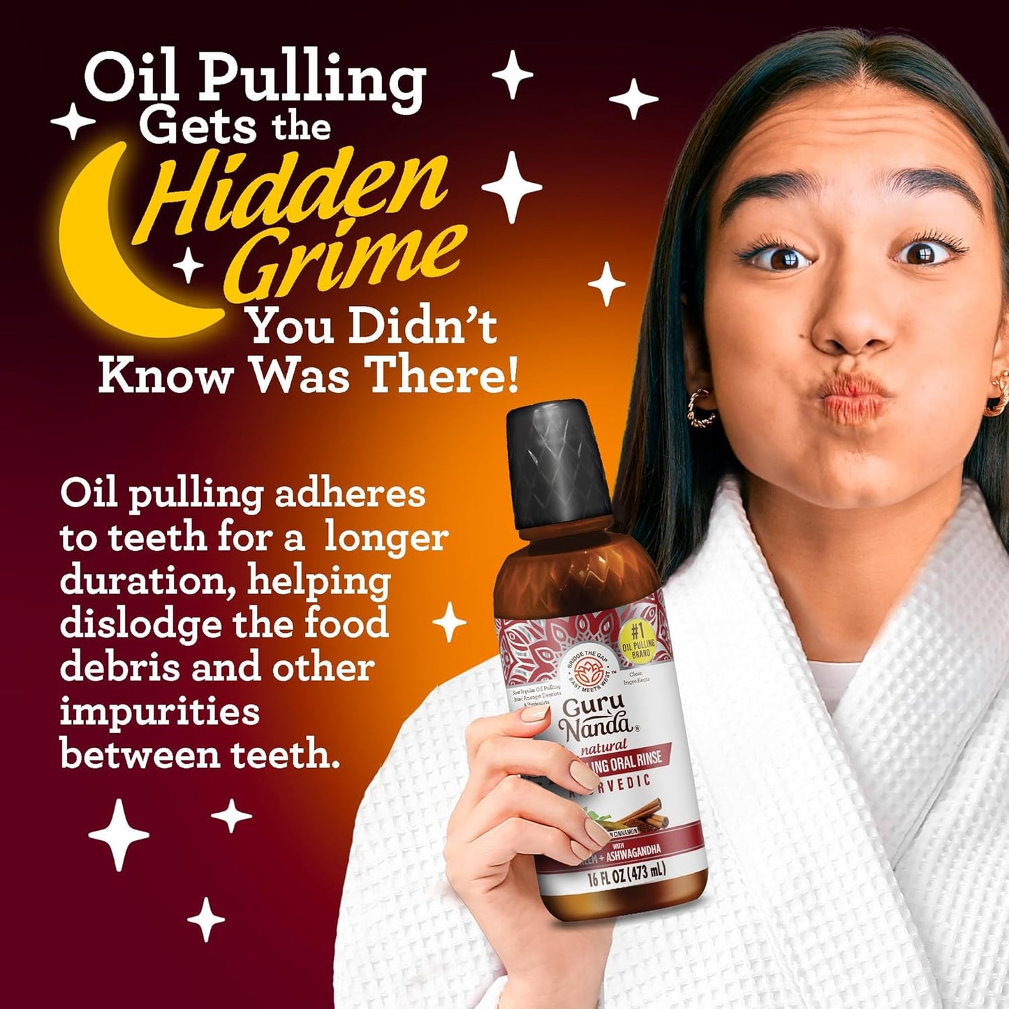 GuruNanda Cinnamon Oil Pulling Mouthwash, Promotes Calmness, with Neem & Ashwagandha for Fresh Breath & Happy Gums, Alcohol-Free, 16 Oz