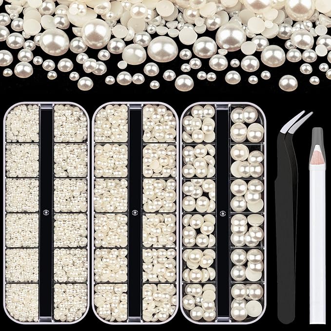 3 Boxes Flat Back Pearls Kit 2 Flatback Beige Half Round Pearls 3-10mm with Pickup Pencil and Tweezer for Home DIY and Professional Nail Art, Face Makeup and Craft