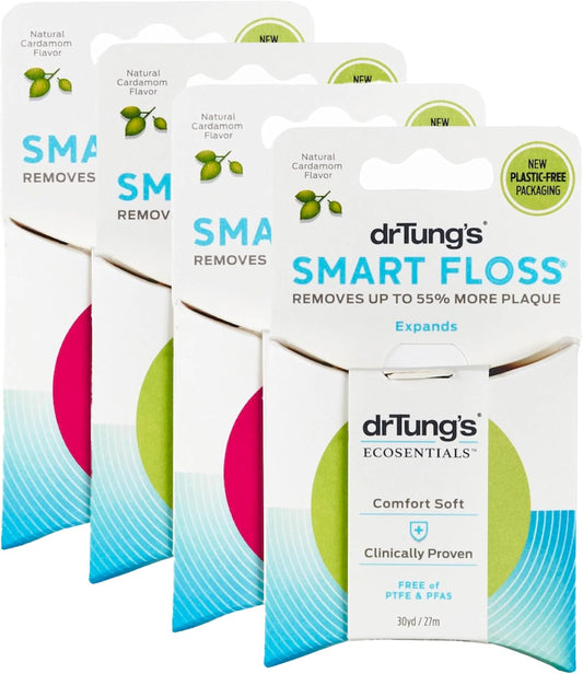DrTung's Smart Floss - Natural Dental Floss, PTFE & PFAS Free, Gentle on Gums, Expands & Stretches, BPA Free - Cardamom Flavor (Pack of 4)