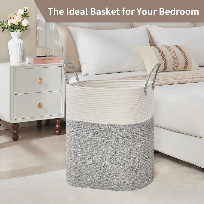 Laundry Basket with Handles - Blanket Basket & Hampers for Bedroom Aesthetic, Laundry Hamper & Blanket Storage for Living Room, Clothes Hamper, Tall, Large 17" x 14" x 24”, White & Grey
