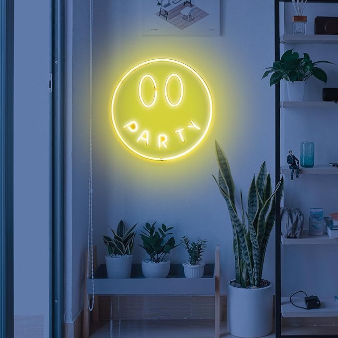 Party Smiley FACE NEON Wall Light, Smiley Face Shaped Yellow LED Light, Wall Decor, Perfect for Holiday & Birthday Gift, Party Decor, Yellow Party Smiley Face Sign for Kids Room
