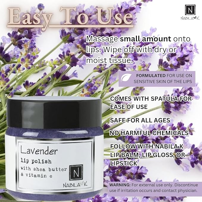 Lavender Lip Polish, 1 oz by Nabila K - Hydrating Lip Exfoliator & Moisturizer with Shea Butter and Vitamin E for Dry and Chapped Lips - Cruelty-Free, Real Sugar, Made in USA