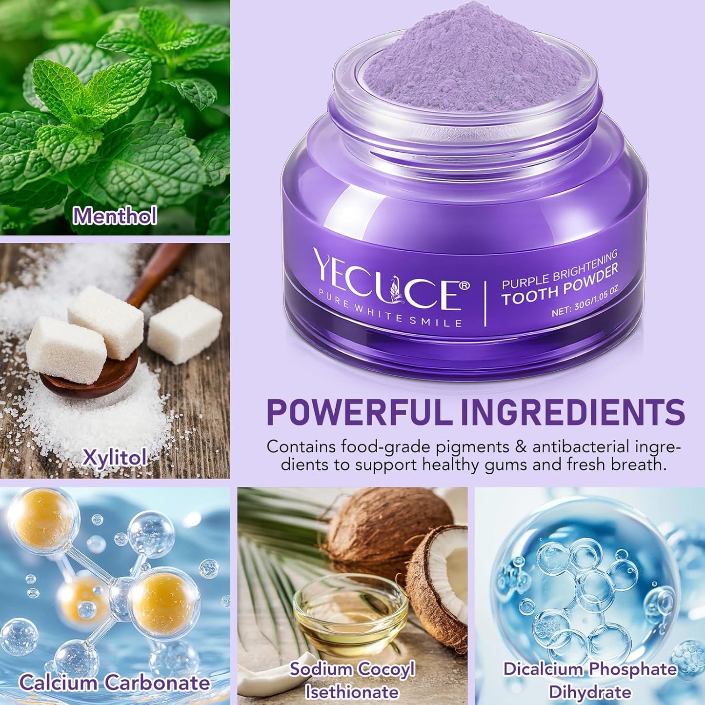 Teeth Whitening Powder, Teeth Whitening, Whitening Toothpaste Power, Removes Stains, No Sensitivity, Breath Freshener, Mint Flavor Purple Brightening Powder 30g
