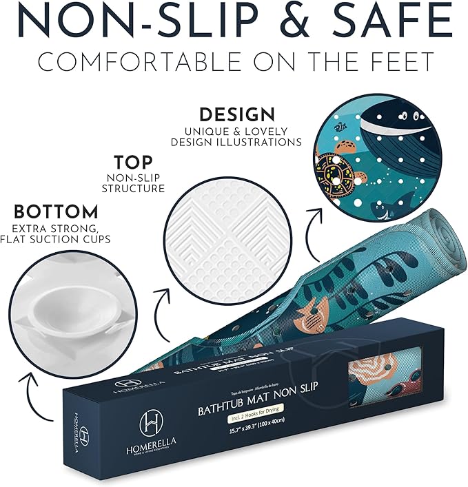Bath Tub Mat Non Slip Anti Mold for Kids BPA Free INCL Hooks - homerella® Ocean Sea Animals 40x16, Baby Bath Mat Non Slip 200 Suction Cups, Non Toxic Machine Washable Toddler Bath Mat, EU Certified