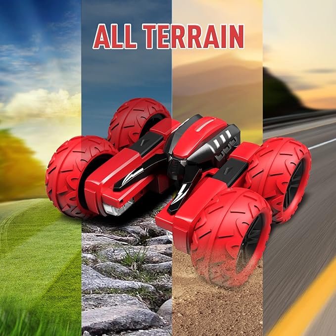 Remote Control Car for 6-12 Years Old Boys Girls Birthdays Present Gift, Hobby RC Car Stunt with LED Light Electric 4WD 2.4Ghz Double Sided Rotating Racing Vehicle 360° Flips Offroad Kids Toy Red