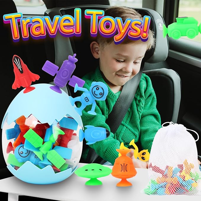 Suction Bath Toys for Kids, 20 Pcs No Hole Outer Space Bath Toy with Eggshell & Bag, Silicone Suction Cup Toys, Sensory Window Building Toys for Toddlers Boys Girls 3 4 5 6 Year Old
