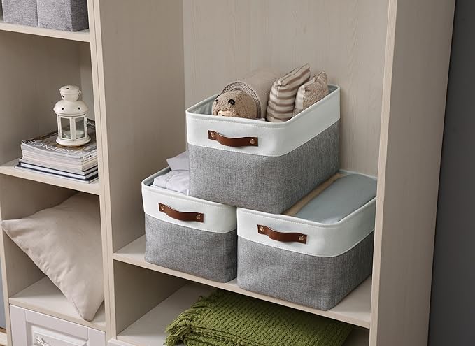 DECOMOMO Storage Baskets for Shelves - Fabric Storage Bins, Linen Closet Organizers and Storage (Grey & White, XL - 4 Pack)