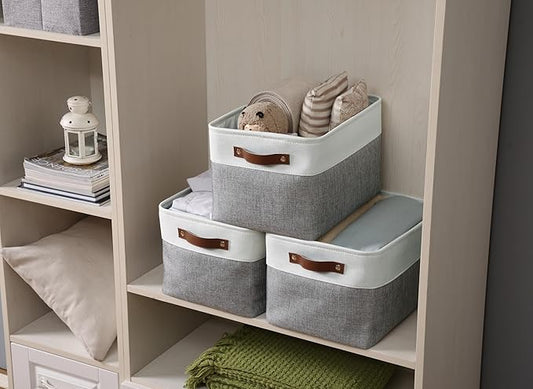 DECOMOMO Storage Baskets for Shelves - Fabric Storage Bins, Linen Closet Organizers and Storage (Grey & White, XL - 4 Pack)