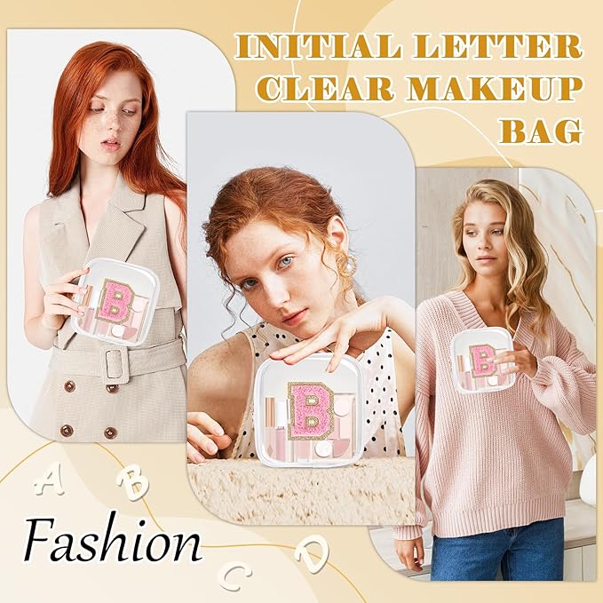 Personalized Initial Letter Clear Preppy Makeup Bag,Mini Nylon Chenille Letter Cosmetic Bag Cute Zipper Pouch Purse for Teen Girls,Portable TSA Approved Beach Travel Essentials Bag Gift for Women,B