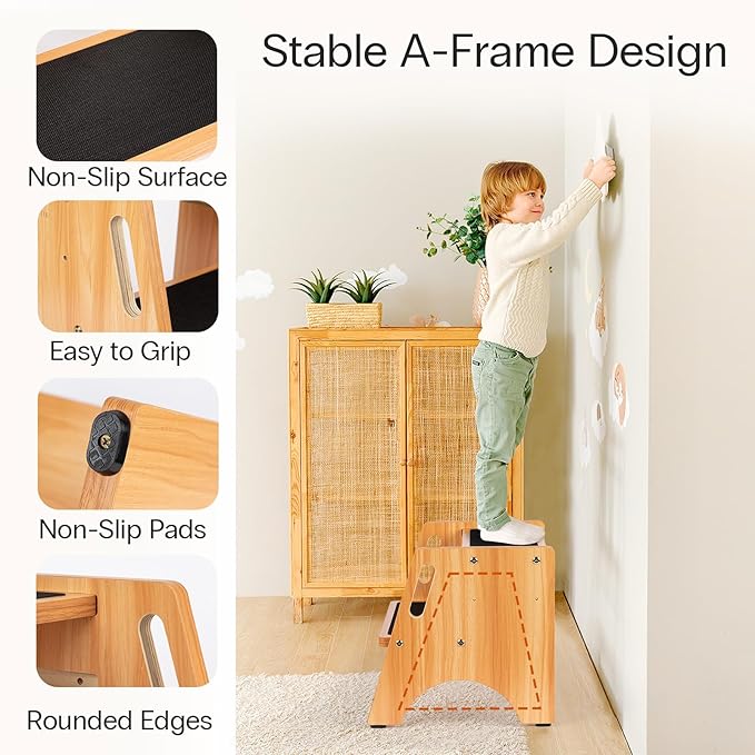 StrongTek Wooden Step Stool, 15" Dual Height Step Stools for Kids, Easy to Clean, Toddler Potty Training Stool with Handles, 300 lbs Capacity for Bathroom Sink, Kitchen, Bedroom