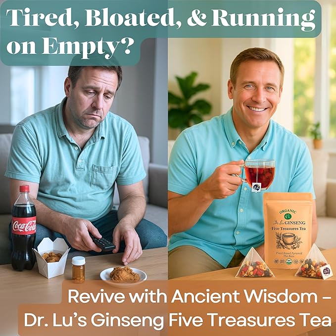 2 Pack of Dr. Lu’s Organic Ginseng Five Treasures Tea Kidney Tea | Ginseng Six Treasures tea for Kidney Cleanse Detox & Repair with Maca Root in Corn Fiber Pyramid Bags (No Plastic/Nylon) | Made in US