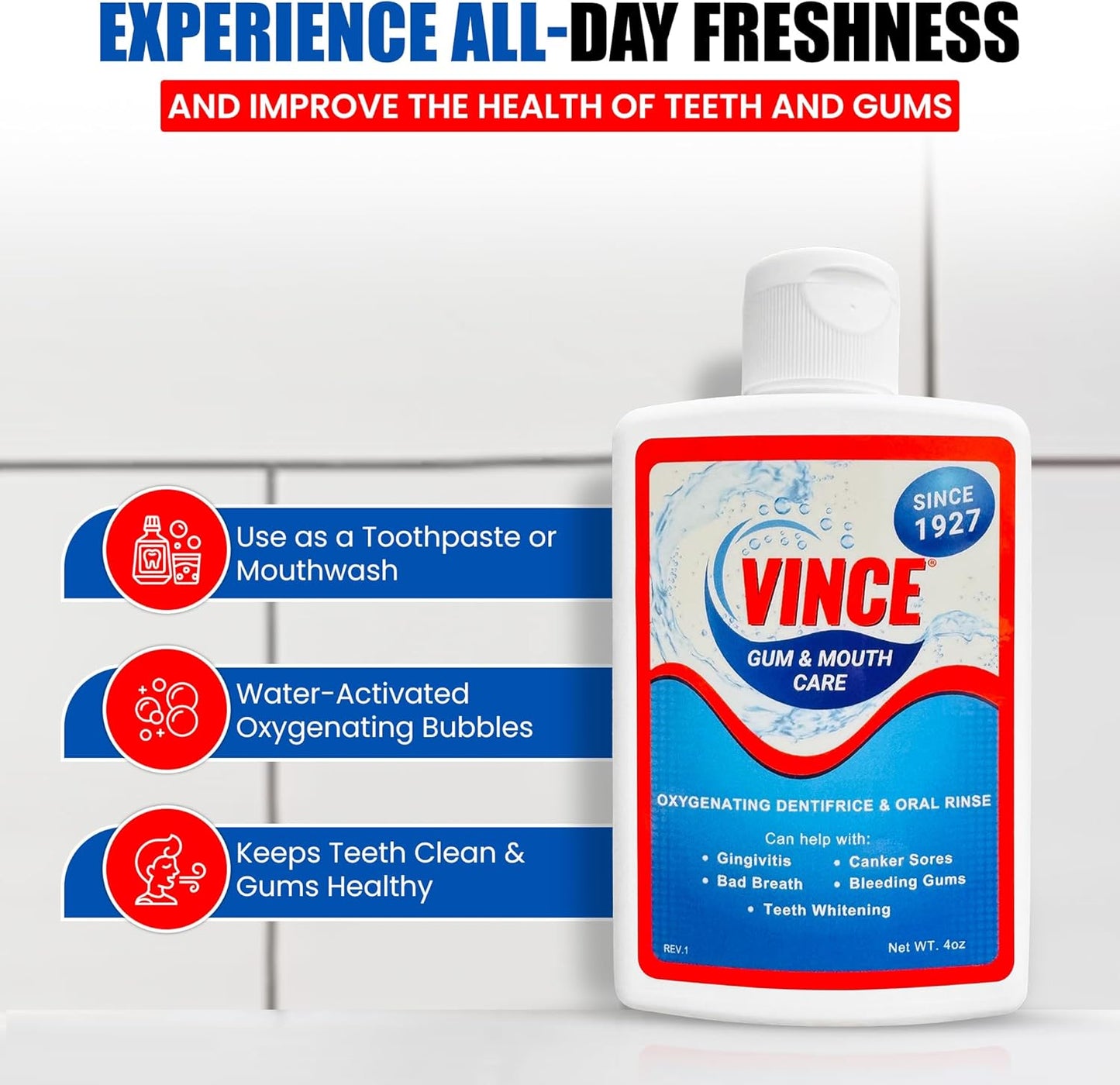 Vince Gum and Mouth Powder - Daily Use Dentifrice - Oxygenating Bubbles - Bad Breath - Gingivitis - Irritated Bleeding Gums - Canker Sore - Inflammation - Wounds - Cleanse & Refresh - 4oz (Pack of 2)