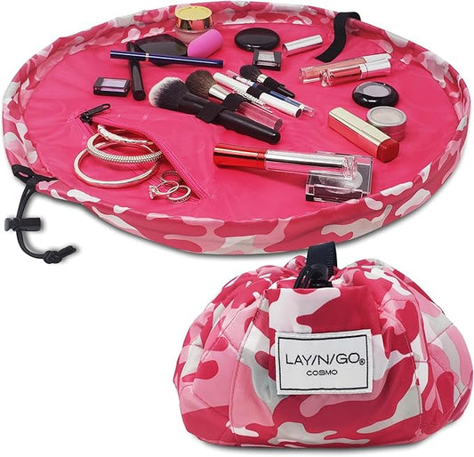 Lay-n-Go Cosmo Drawstring Cosmetic & Makeup Bag Organizer - Portable Drawstring Makeup Bag w/Zipper Pocket, Makeup Loops & More - Durable, Machine Washable Toiletry Sack for Travel (20", Pink Camo)