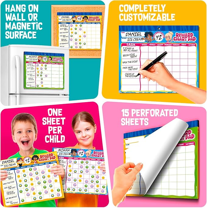 Behavior Reward System - Pad with 15 Chore Charts for Kids, 850 Stickers to Motivate Responsibility & Good Habits