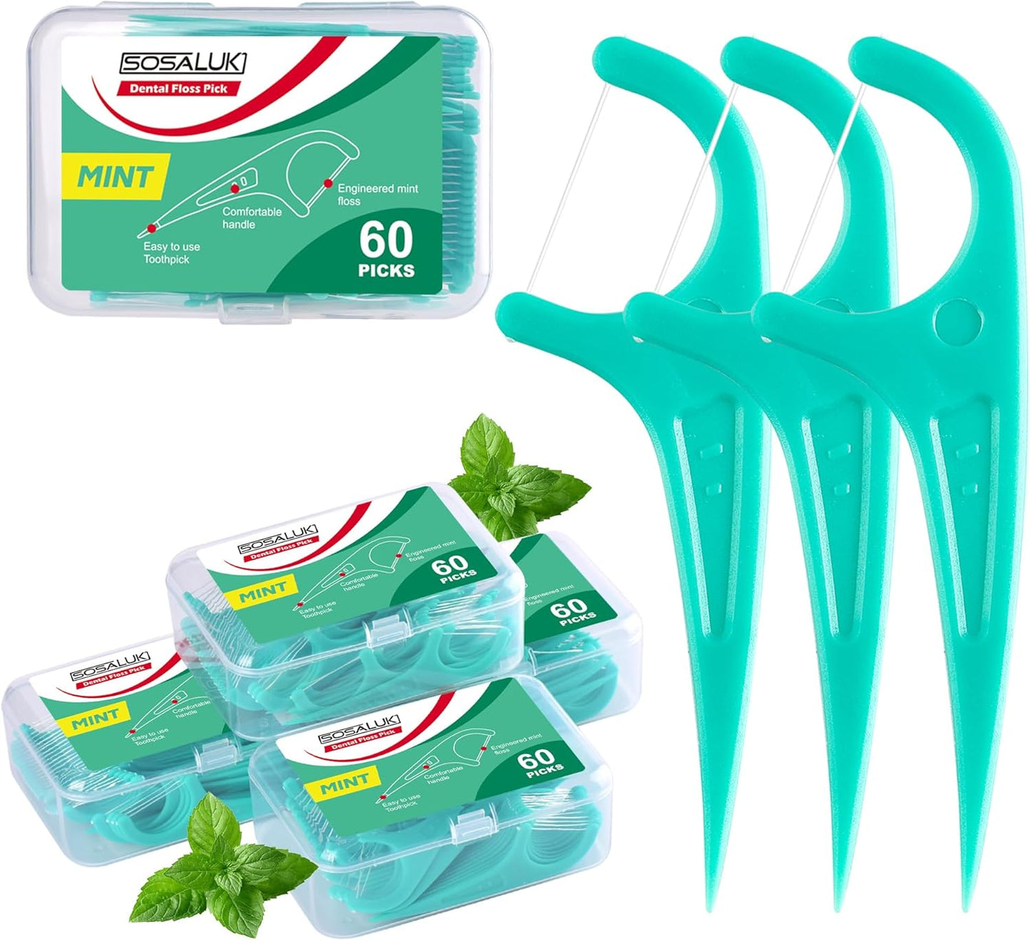 Floss Picks, 300 Count Mint Dental Floss Picks, Toothpicks with 5 Travel Cases for Extra Convenience, Helps Prevent Cavities, Remove Plaque & Freshen Breath, Premium Floss Sticks for Family