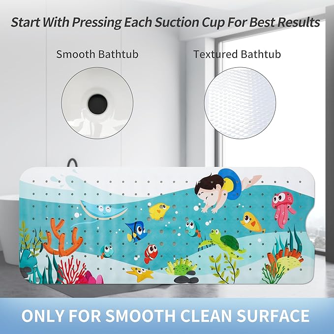 Baby Bath Mat for Tub Kids Non Slip Bathtub Mat Extra Long 40X16 Inch Shower Mat Toddler Anti Slip Bathroom Tub Mat with Suction Cups & Drain Holes (Sea World)