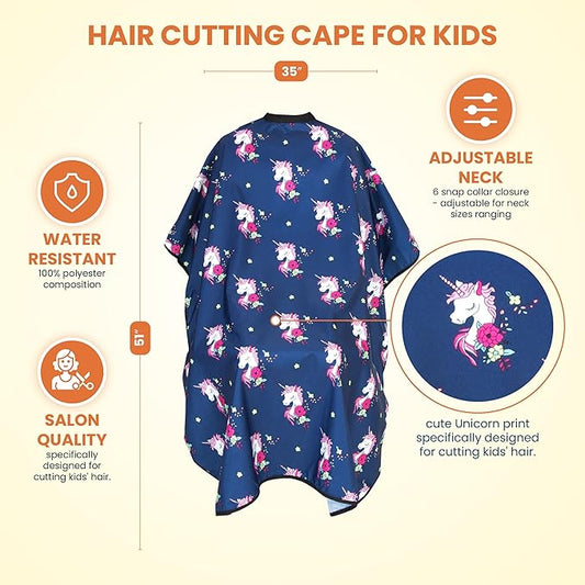 Kids Hair Cutting Cape - Unicorn Print, Water-Resistant Salon Cape with Snap Closure - Lightweight Barber Cape for Children’s Haircuts - Durable Kids Hairdresser Cape for Salon or Home