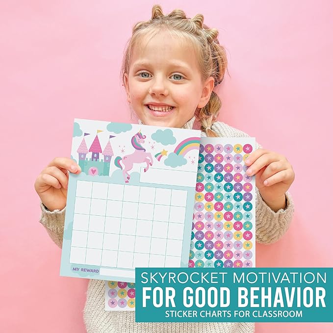 Sticker Chart for Kids Behavior at Home & Classroom - 25 Reward Chart for Kids Incentives, Gold Star Sticker Sheets, Unicorn Incentive Charts for Classroom Must Haves