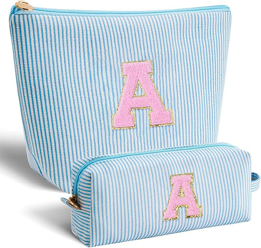 Makeup Bag Set Initials Cosmetic Bag,Gifts for 10 11 12 13 14 15 16 17 18 Years Old Girl Girlfriend Teen Girls Gift Trendy Stuff Personalized Toiletry Bag Travel - Blue,A