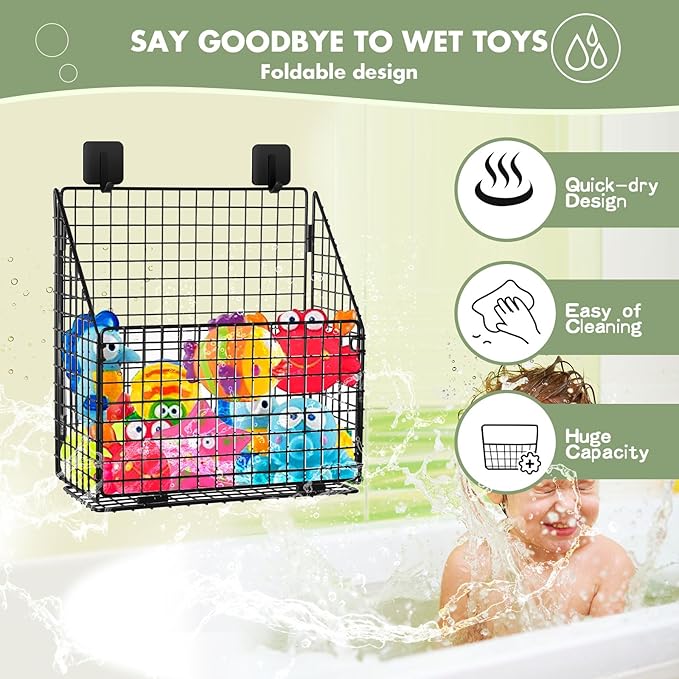 Large Bath Toy Storage, Metal Bathtub Shower Toy Holder, Foldable bath Tub Toy Organizers Black, Bathroom Toy Storage with Drainage for Sorting Toys/Clothes/Toiletries