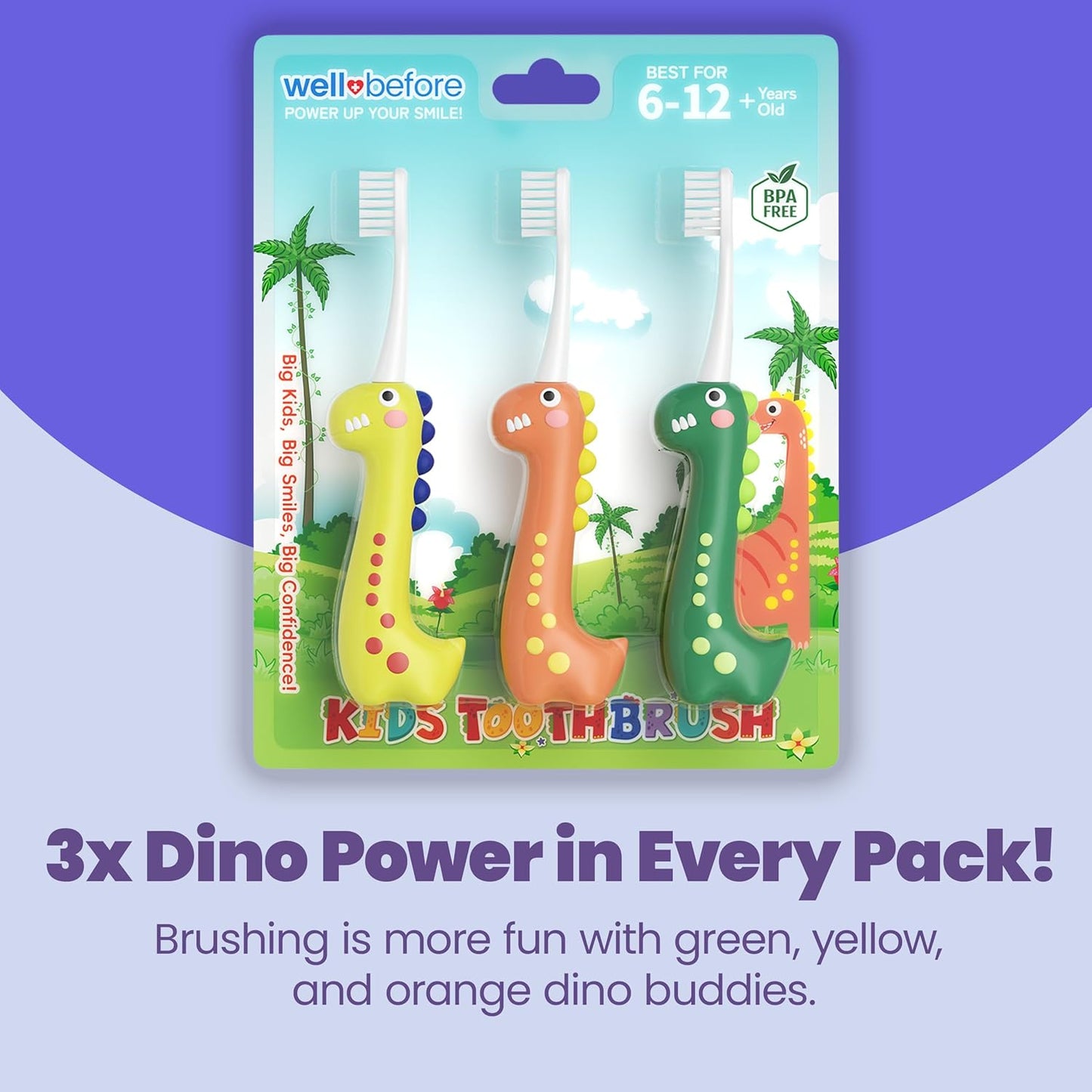 Well Before Dinosaur Kids Toothbrush, 0.12mm Soft Filament Toddler Toothbrush for Kids 6-12 Make Brushing Fun and Protect Kids Delicate Teeth (Pack of 3)