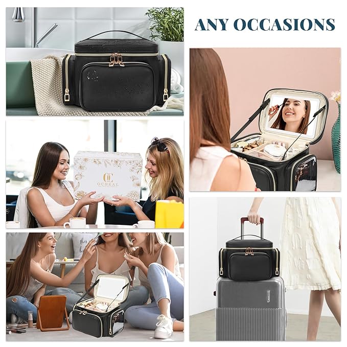 Large Makeup Bag with LED Mirror, Travel Makeup Bag Organizer for Women Girls with Makeup Brush Compartment & Two Side Pockets, 3 Color Lights Cosmetic Toiletry Bag- Leather Black