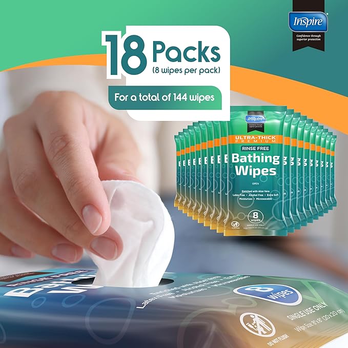 Inspire Ultra Thick Rinse Free Body Wipes, Bathing Wipes, Rinse Free Wet Wipes, Thick Strong Extra Large With Aloe Vera Enriched