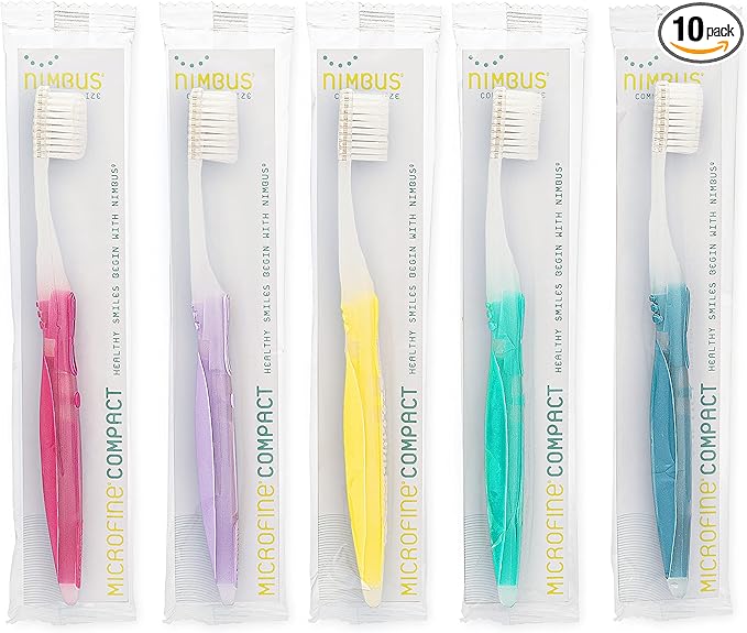 NIMBUS Extra Soft Toothbrushes (Compact Head), Periodontist Design Tapered Bristles for Sensitive Teeth and Receding Gums, Individually Wrapped Plaque Remover Travel Toothbrush (10 Pack, Colors Vary)