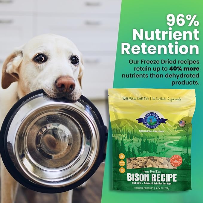 Shepherd Boy Farms Freeze Dried Raw Dog Food, Bison Recipe, All Natural, No Synthetics, Made in USA with Goat's Milk & Organic Produce, High Protein, Complete Meal (14oz)