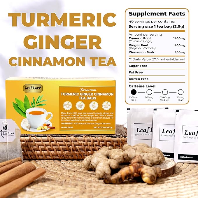 LeafLea 240 Turmeric Ginger Tea Bags, 100% Natural Herbal Blend with Cinnamon, Supports Digestion and Immune Health, Warm and Spicy Flavor, Sugar-Free, Caffeine-Free, Non-GMO, Pack of 6