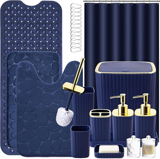 26PC Bathroom Accessories Set - Gorgeous Blue Bathroom Set, Bathroom Accessory Set, Navy Blue Shower Curtain Set with Bathtub Mats for Shower Tub