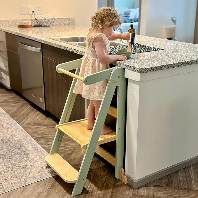 HARPPA Nordi Foldable Toddler Kitchen Tower, Montessori Kitchen Stools Helper, Standing Tower with 3 Adjustable Heights, Suitable Age for 2-6 Years, Sage