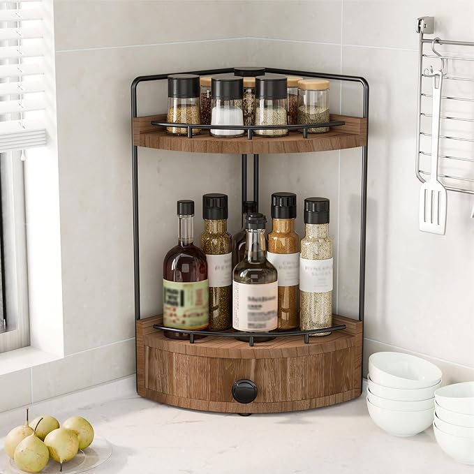 2-Tier Corner Bathroom Counter Organizer with Drawer & Embedded Screw Holes - Wooden Countertop Organizers for Skincare, Makeup Storage, Bathroom Sink Counter Shelf for Vanity, Dark Brown