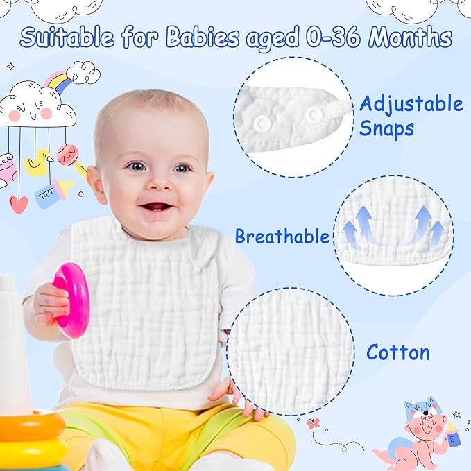 Zainpe 6Pcs Snap Muslin Cotton Baby Bibs White Adjustable Drool Bib with 6 Absorbent Soft Layers, Machine Washable Unisex Burp Cloths for 3 to 36 Months Boys Girls Infant Newborn Toddler
