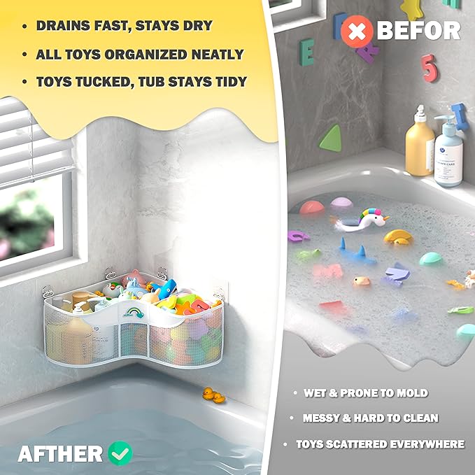 3-Compartment Corner Bath Toy Storage Organizer for Tub - Wide-Opening Mesh Kids Bath Toy Holder with Easy Sorting & Storage, Quick-Drying Machine-Washable Bathroom Organizer for Tidy Bathtub