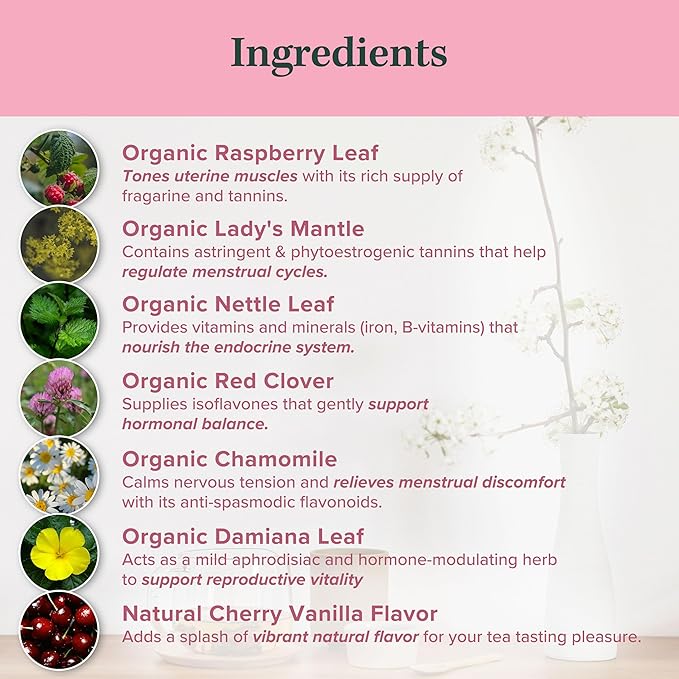Jade Tea - Organic Women's Fertility Tea, 2 in 1 Hormone Balance Tea & Period Pain Relief - Red Raspberry Leaf, Lady’s Mantle, Red Clover, Chamomile, & Damiana Leaf, Cherry Vanilla - Made in USA